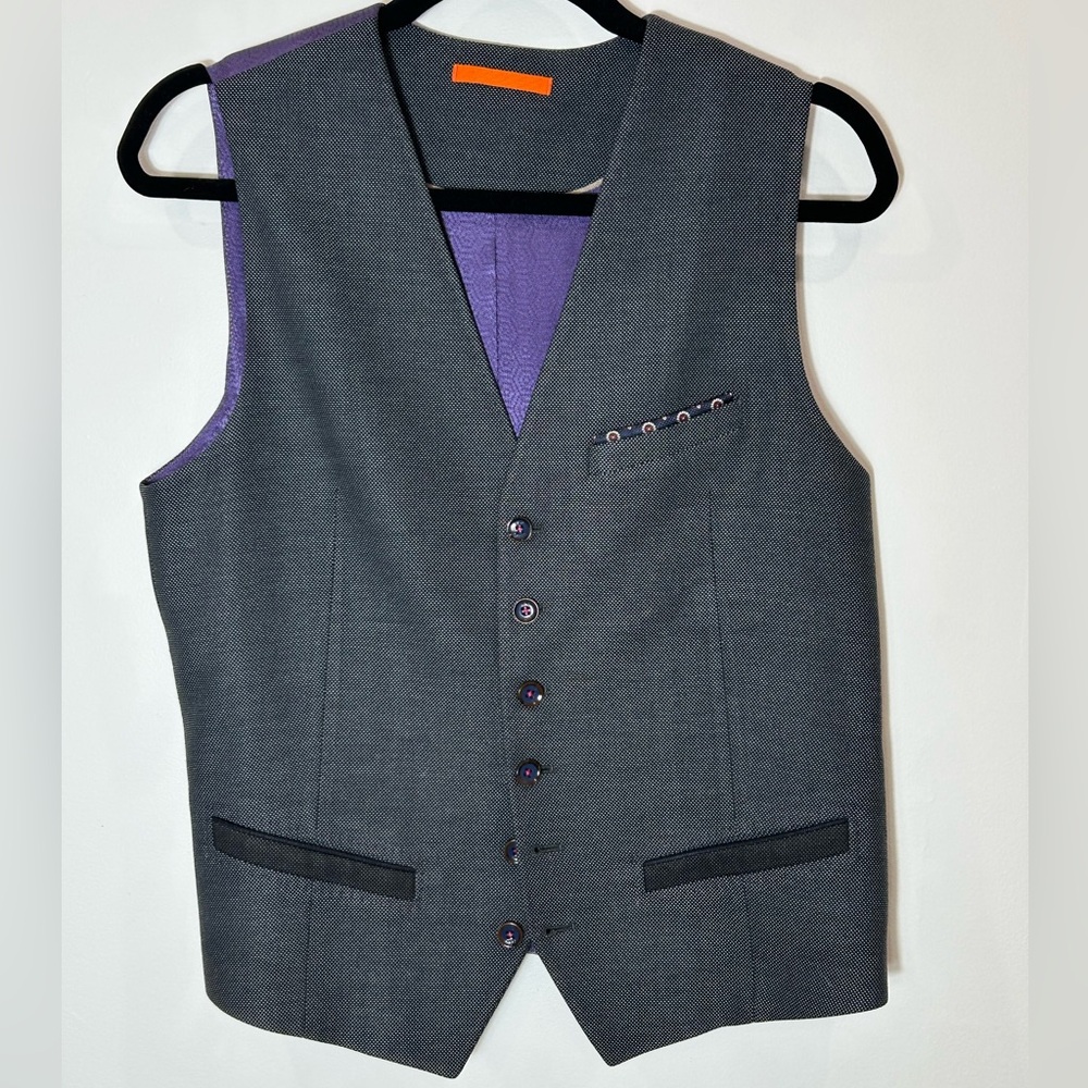 Ted Baker Men’s Suit Vest, Size Medium (3), Charcoal Grey with Purple lining